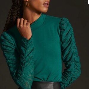 Anthropologie Teal Lace Sleeve Blouse